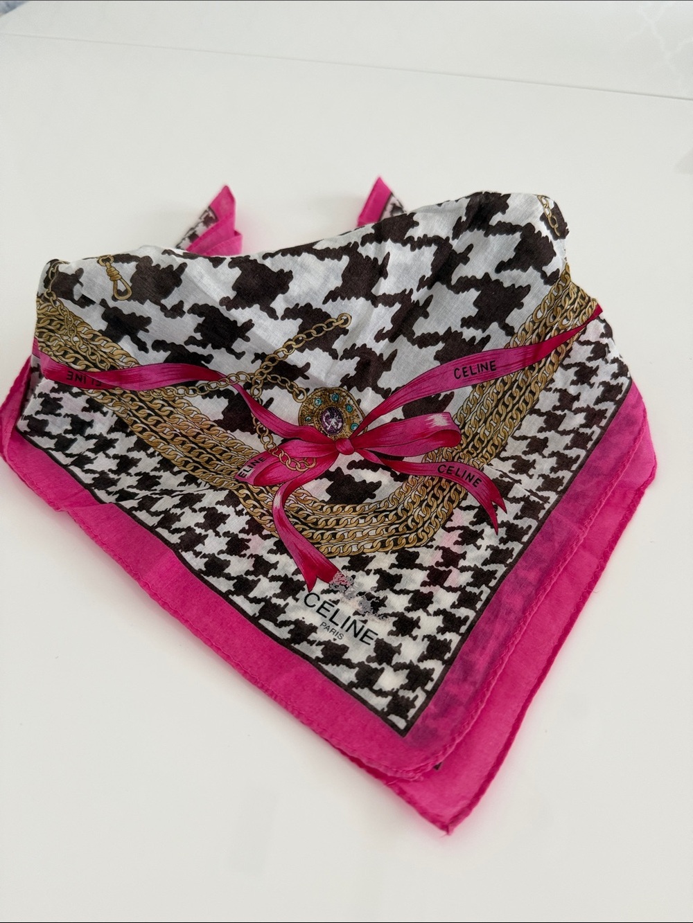 Celine Black & White Houndstooth Silk Scarf with Pink Trim - Picture 2 of 5
